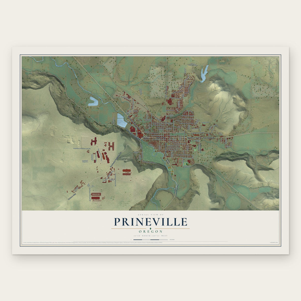 Prineville, Oregon map print, the full design