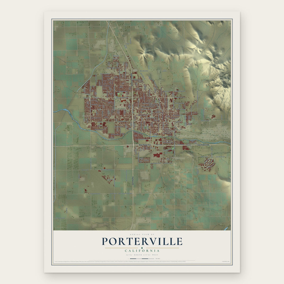 Porterville, California map print, the full design