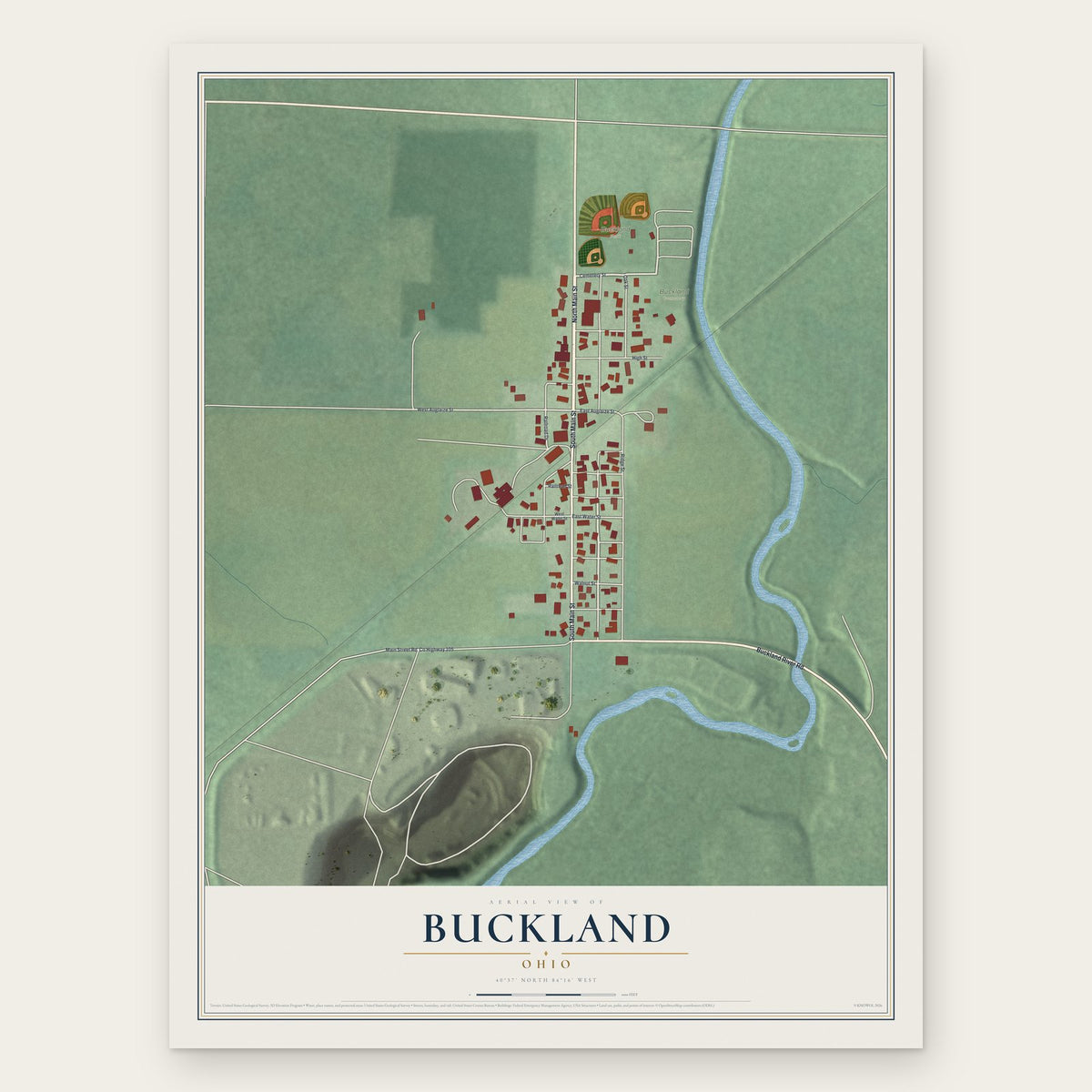 Buckland, Ohio map print, the full design