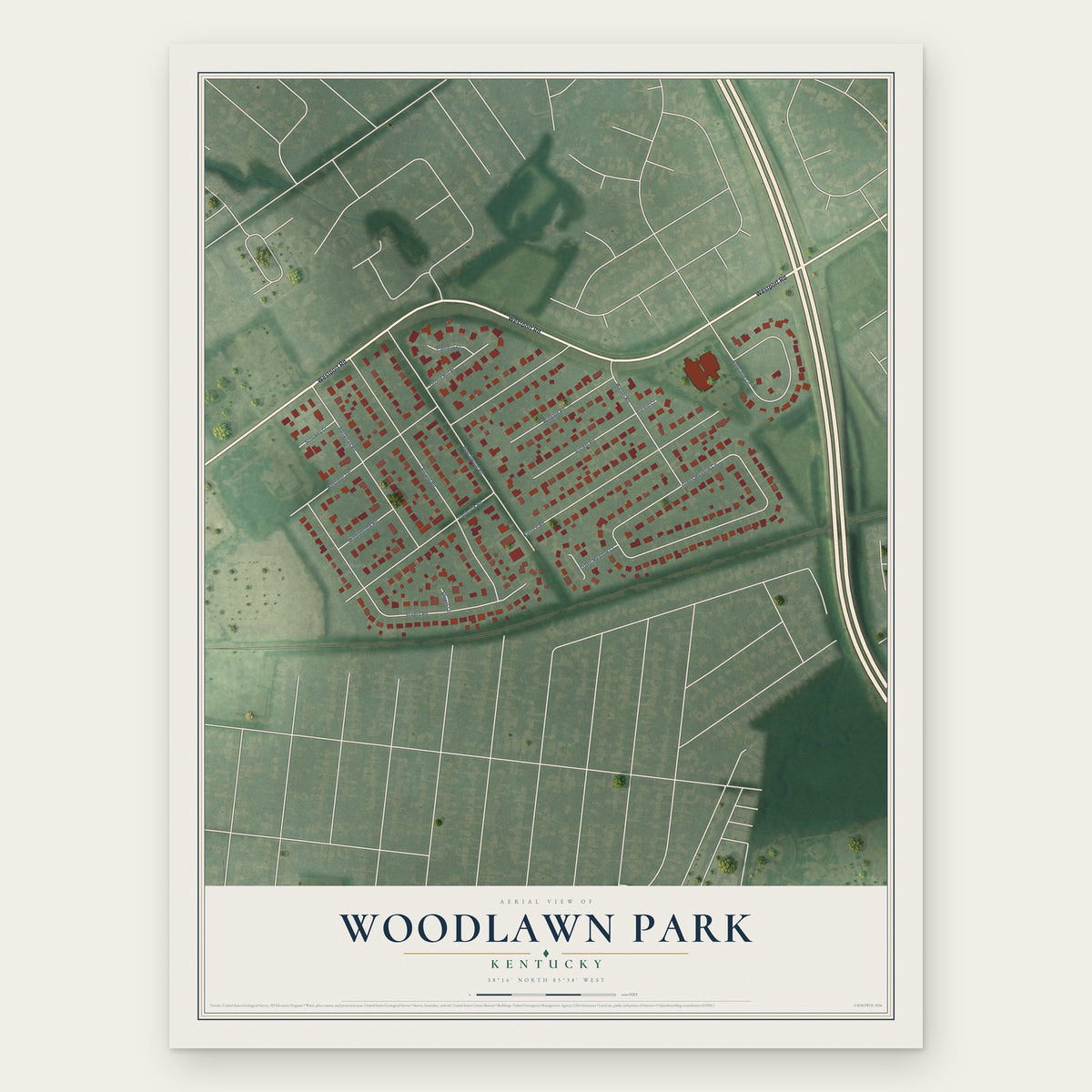 Woodlawn Park, Kentucky map print, the full design