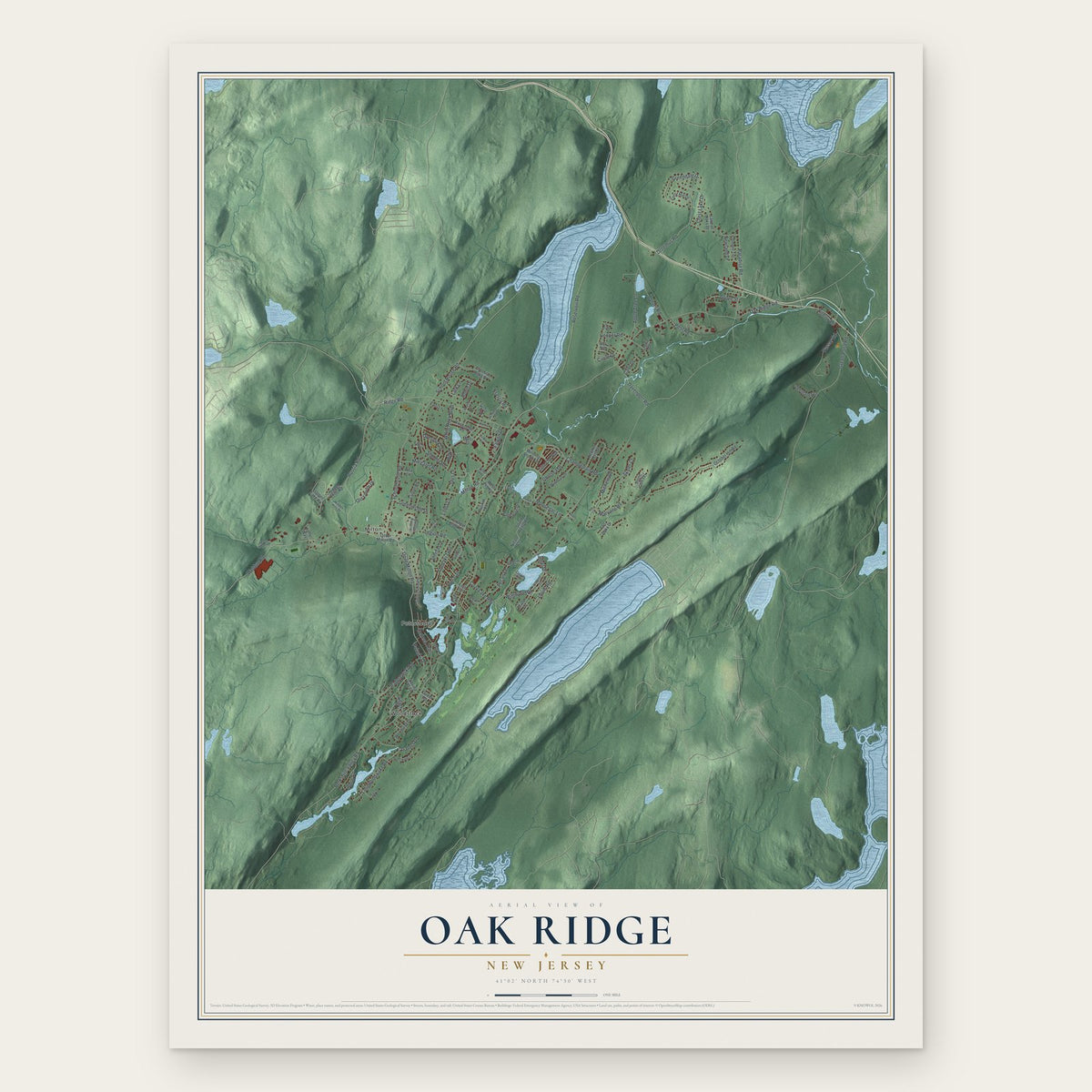 Oak Ridge, New Jersey map print, the full design