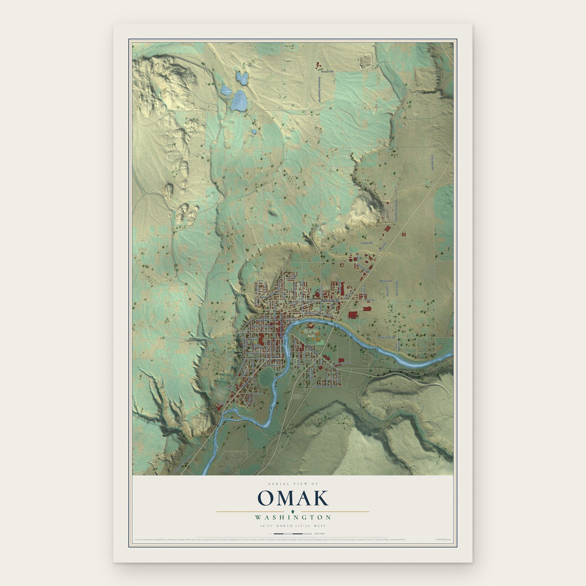 Omak, Washington map print, the full design