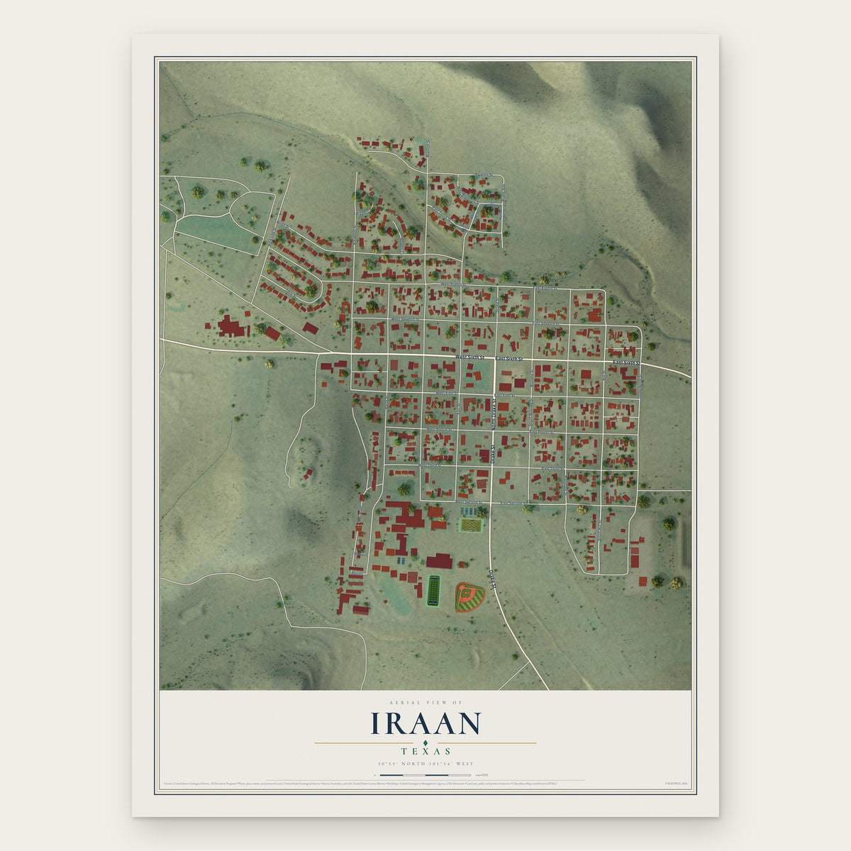Iraan, Texas map print, the full design