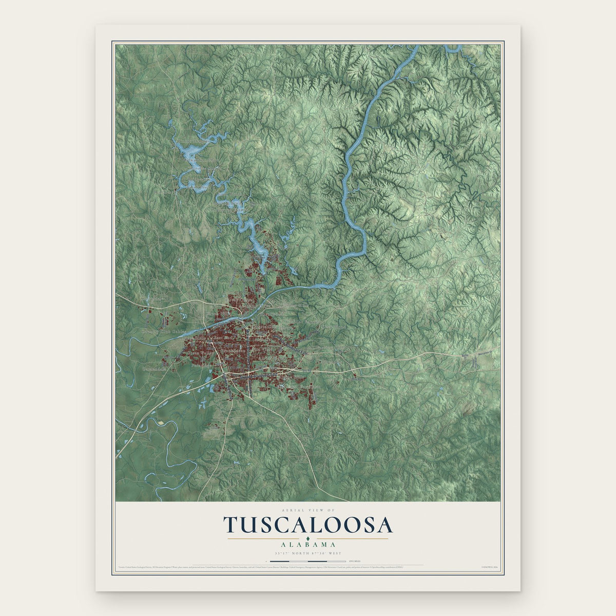 Tuscaloosa, Alabama map print, the full design