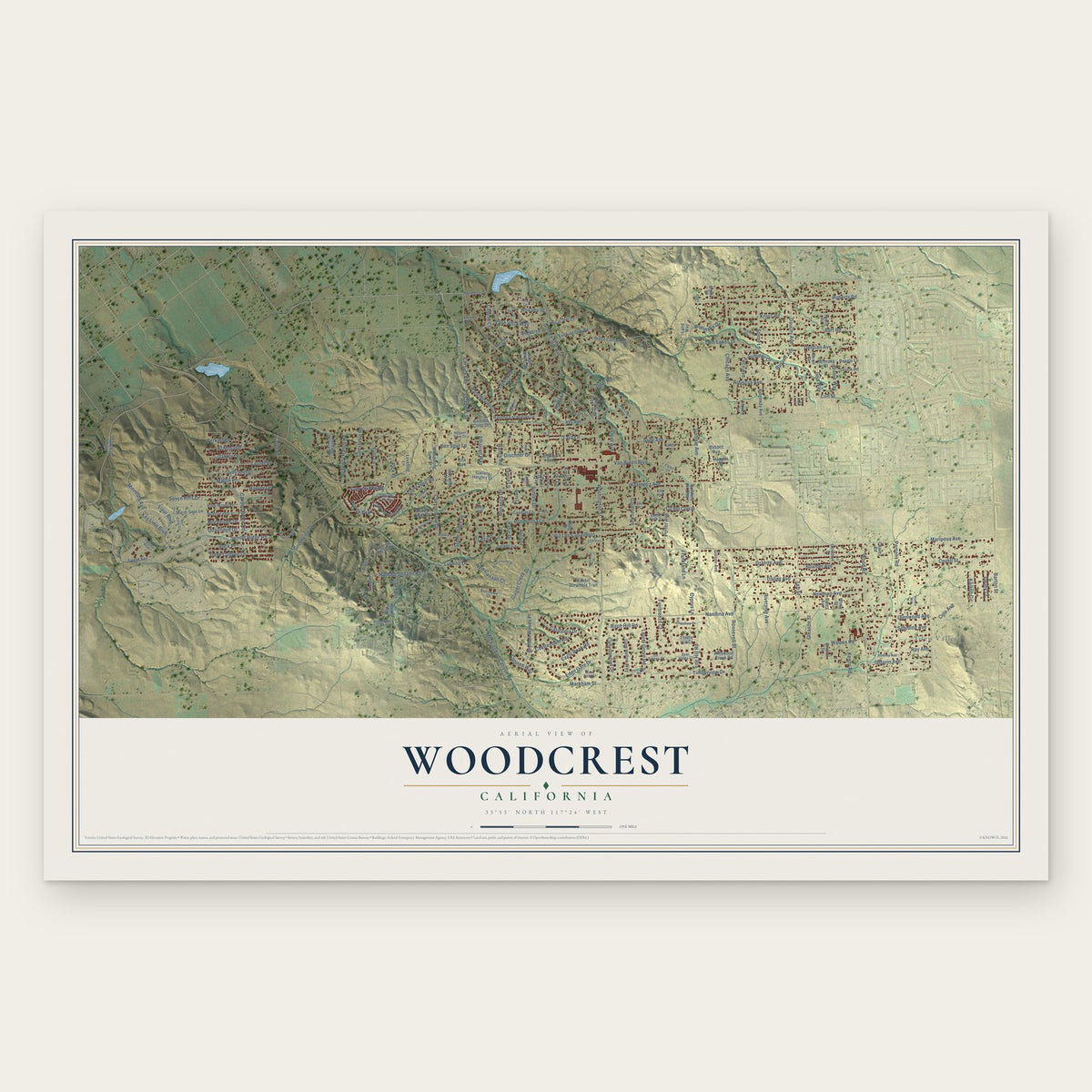 Woodcrest, California map print, the full design