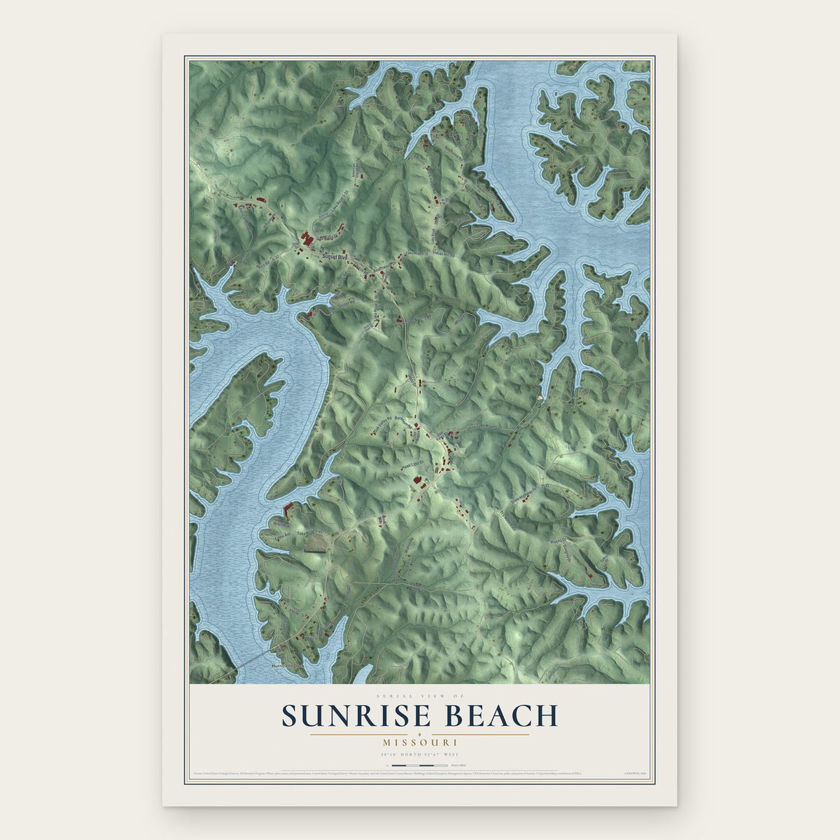 Sunrise Beach, Missouri map print, the full design