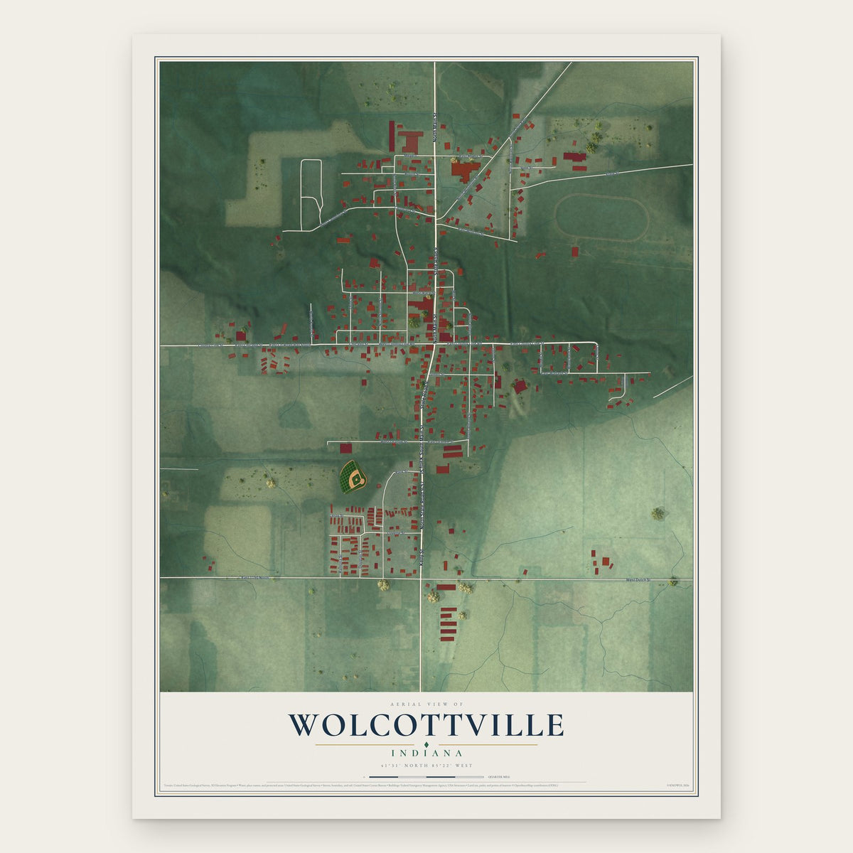 Wolcottville, Indiana map print, the full design