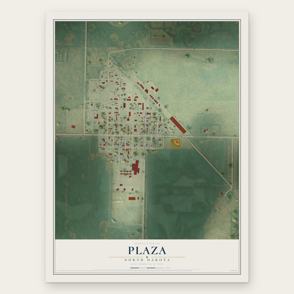 Plaza, North Dakota map print, the full design