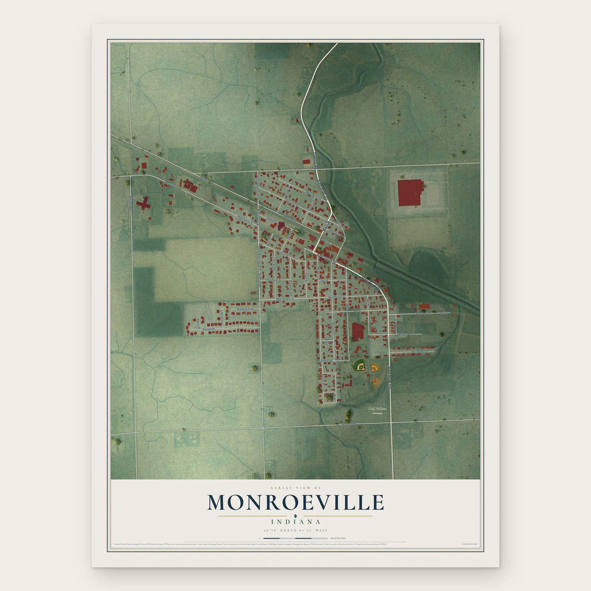 Monroeville, Indiana map print, the full design