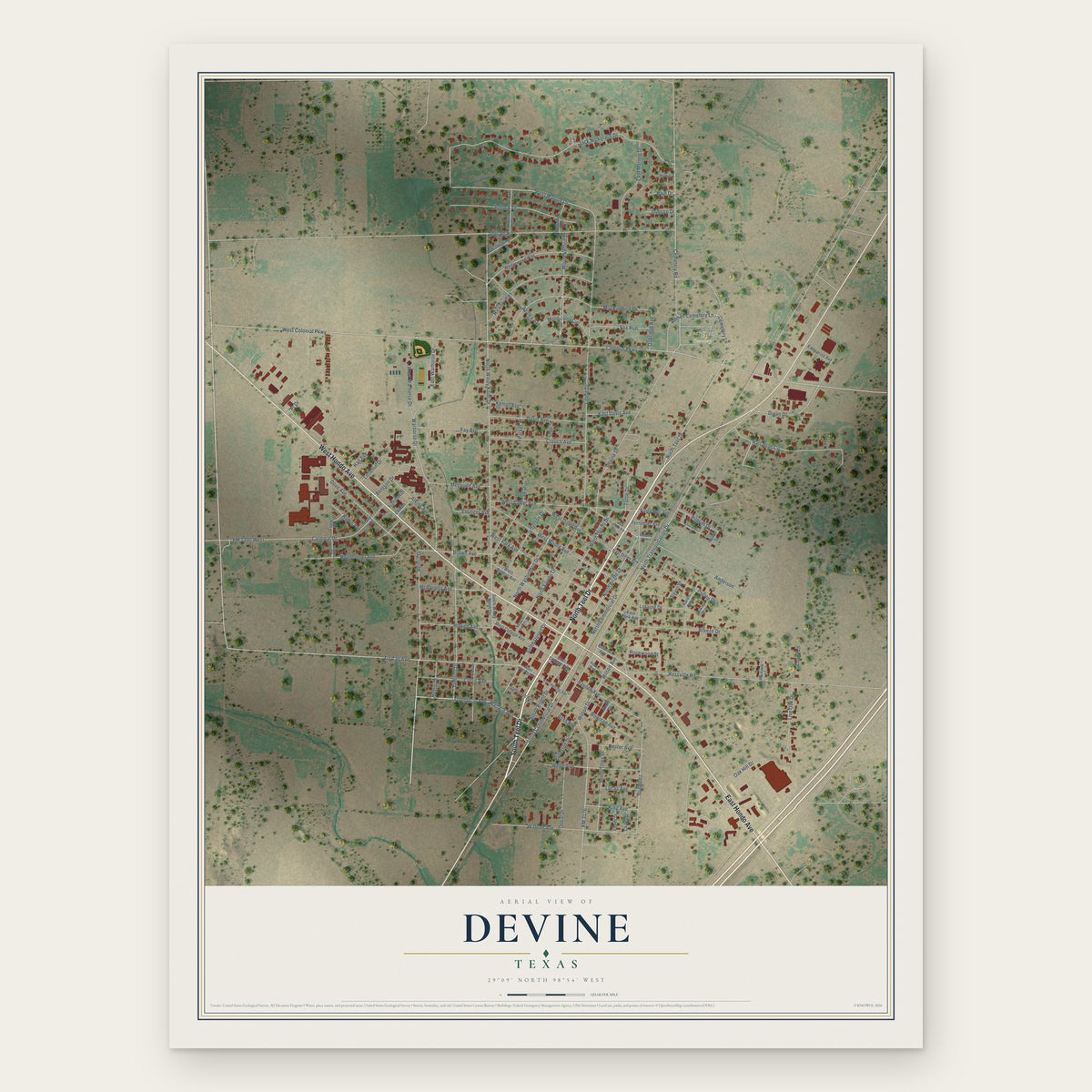 Devine, Texas map print, the full design