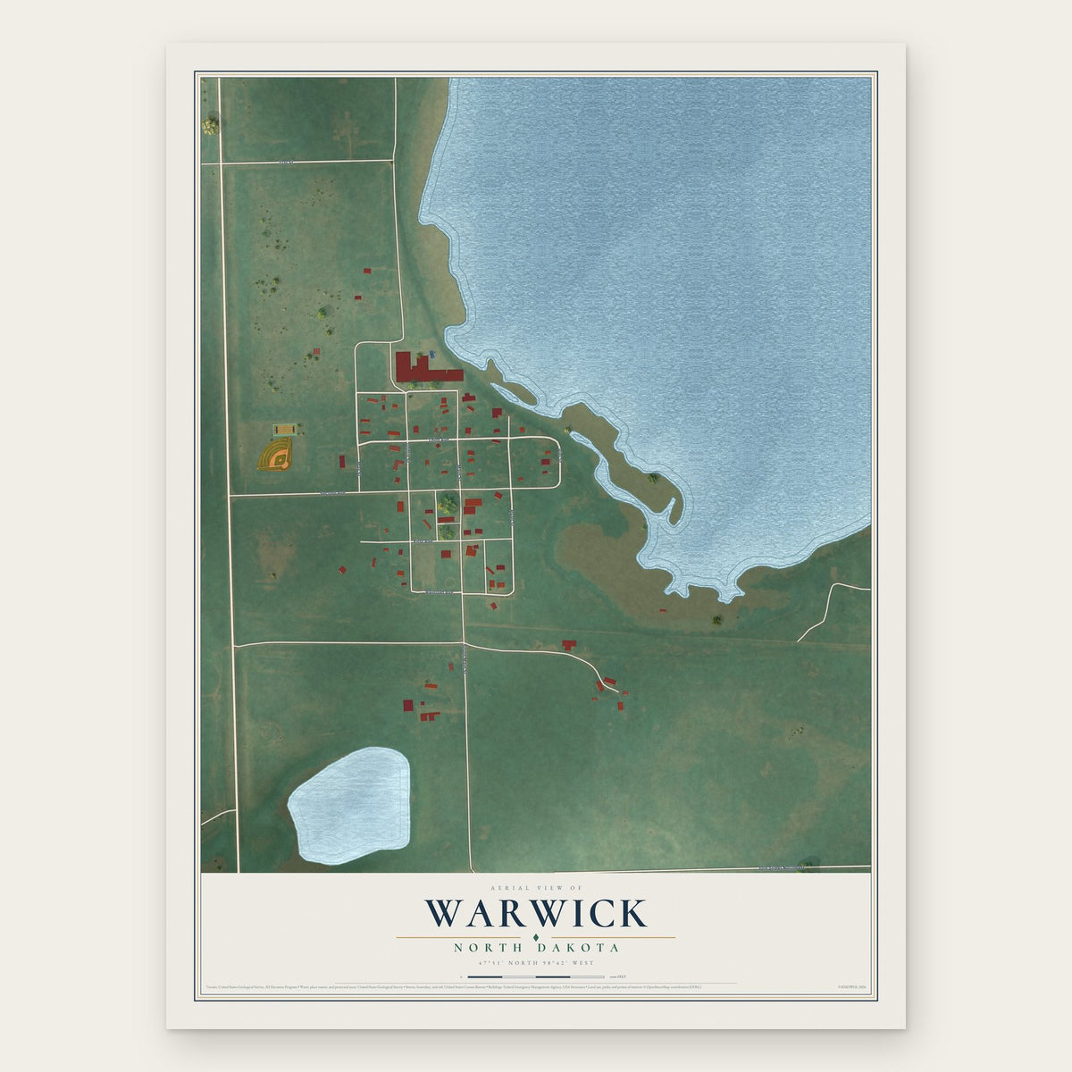 Warwick, North Dakota map print, the full design