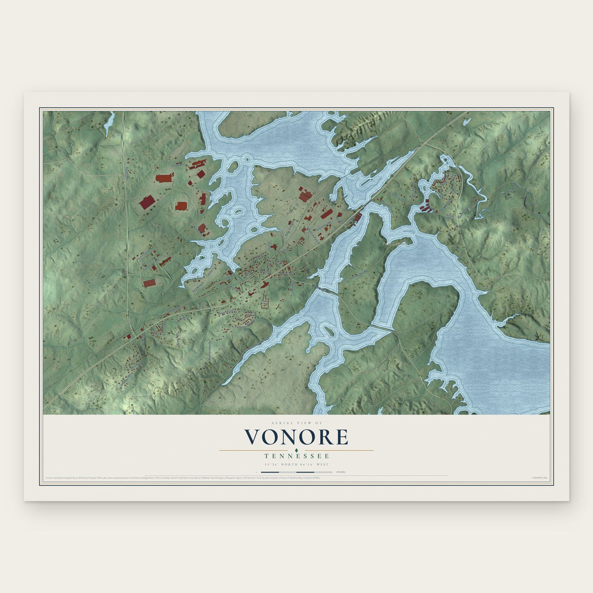 Vonore, Tennessee map print, the full design