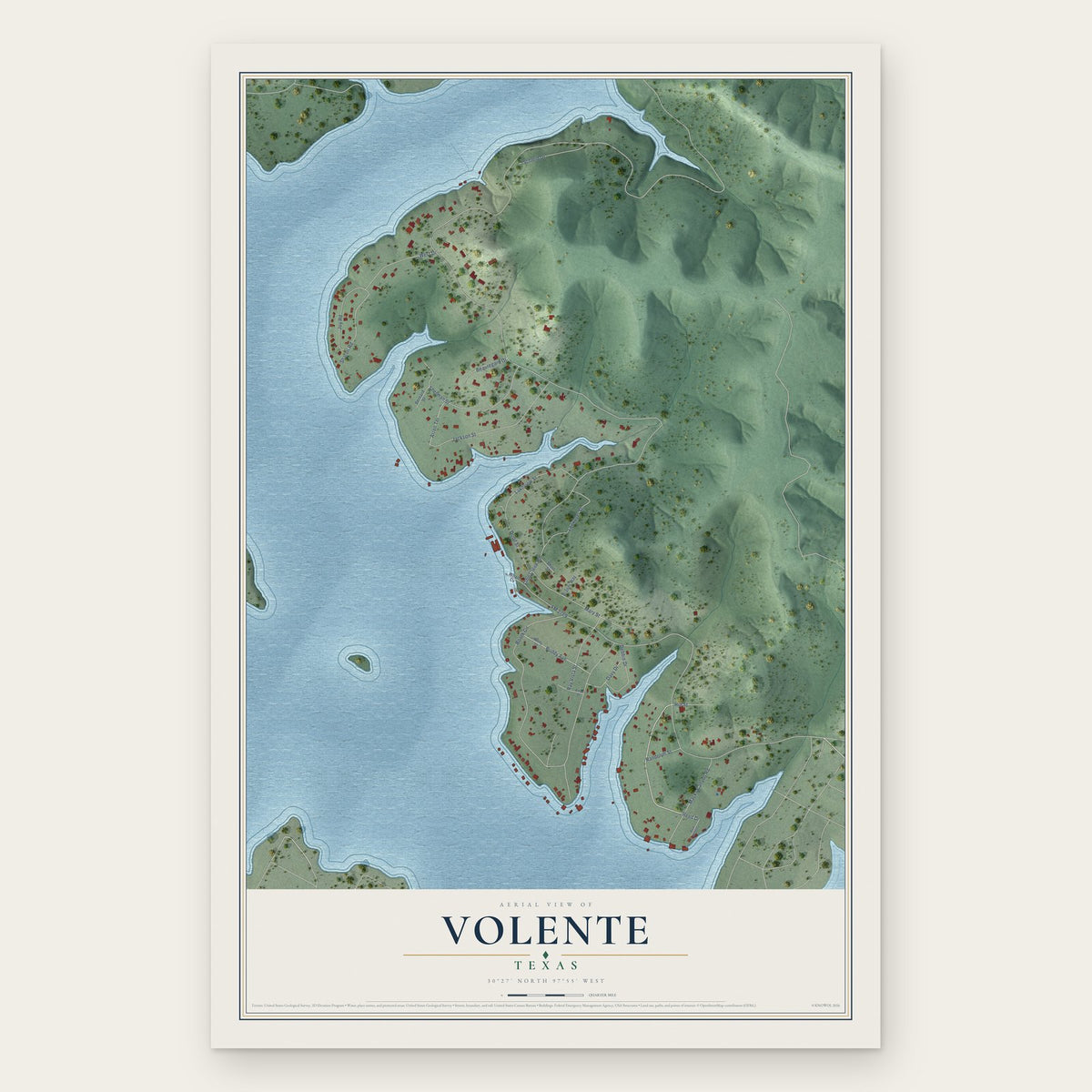 Volente, Texas map print, the full design