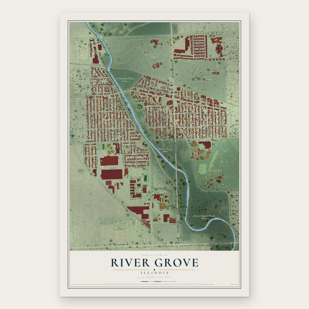 River Grove, Illinois map print, the full design