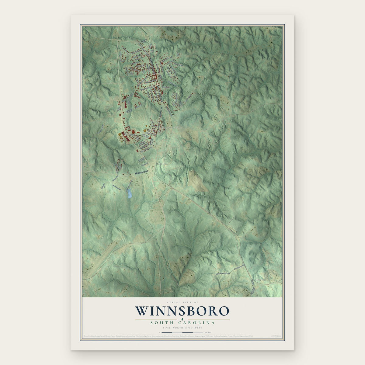 Winnsboro, South Carolina map print, the full design