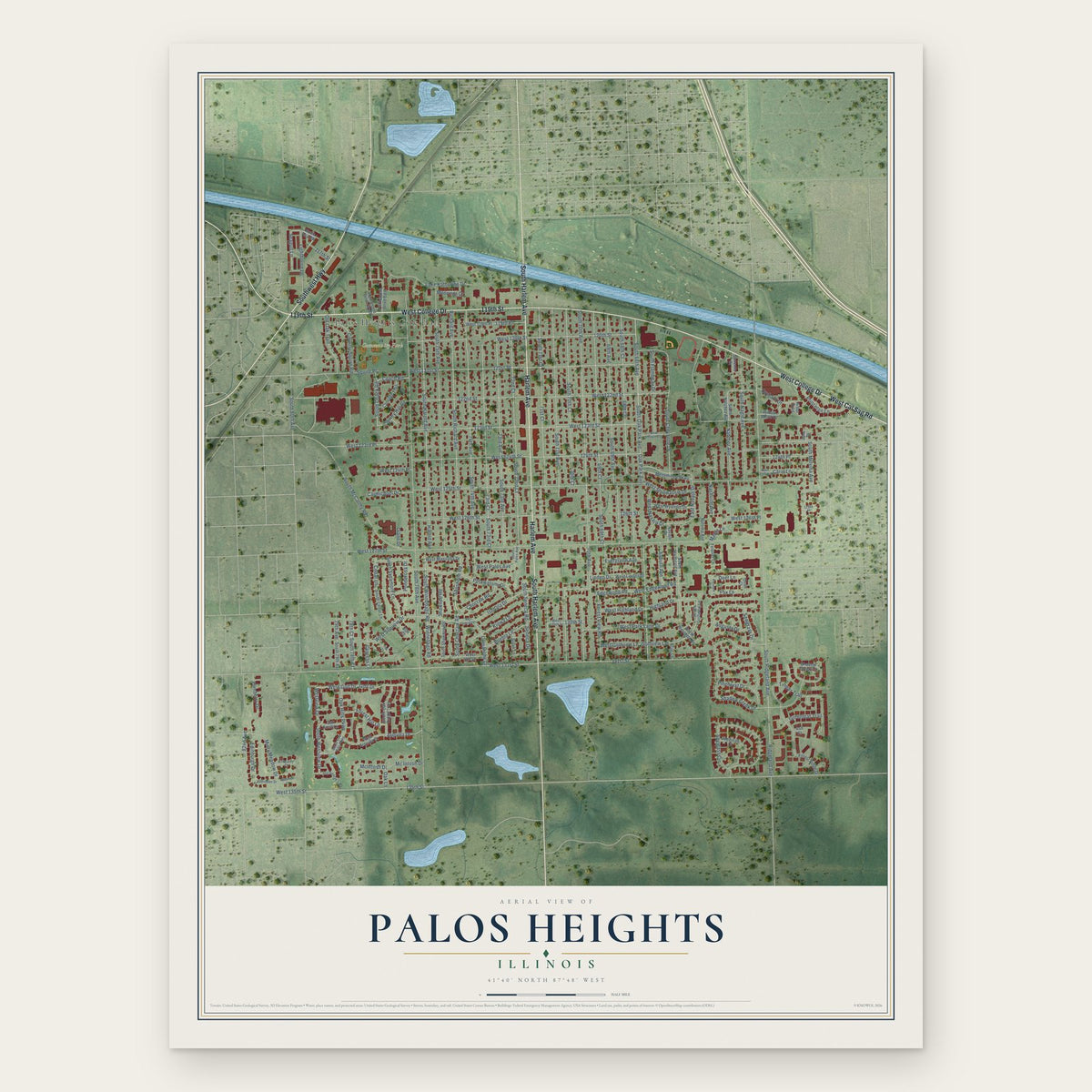 Palos Heights, Illinois map print, the full design