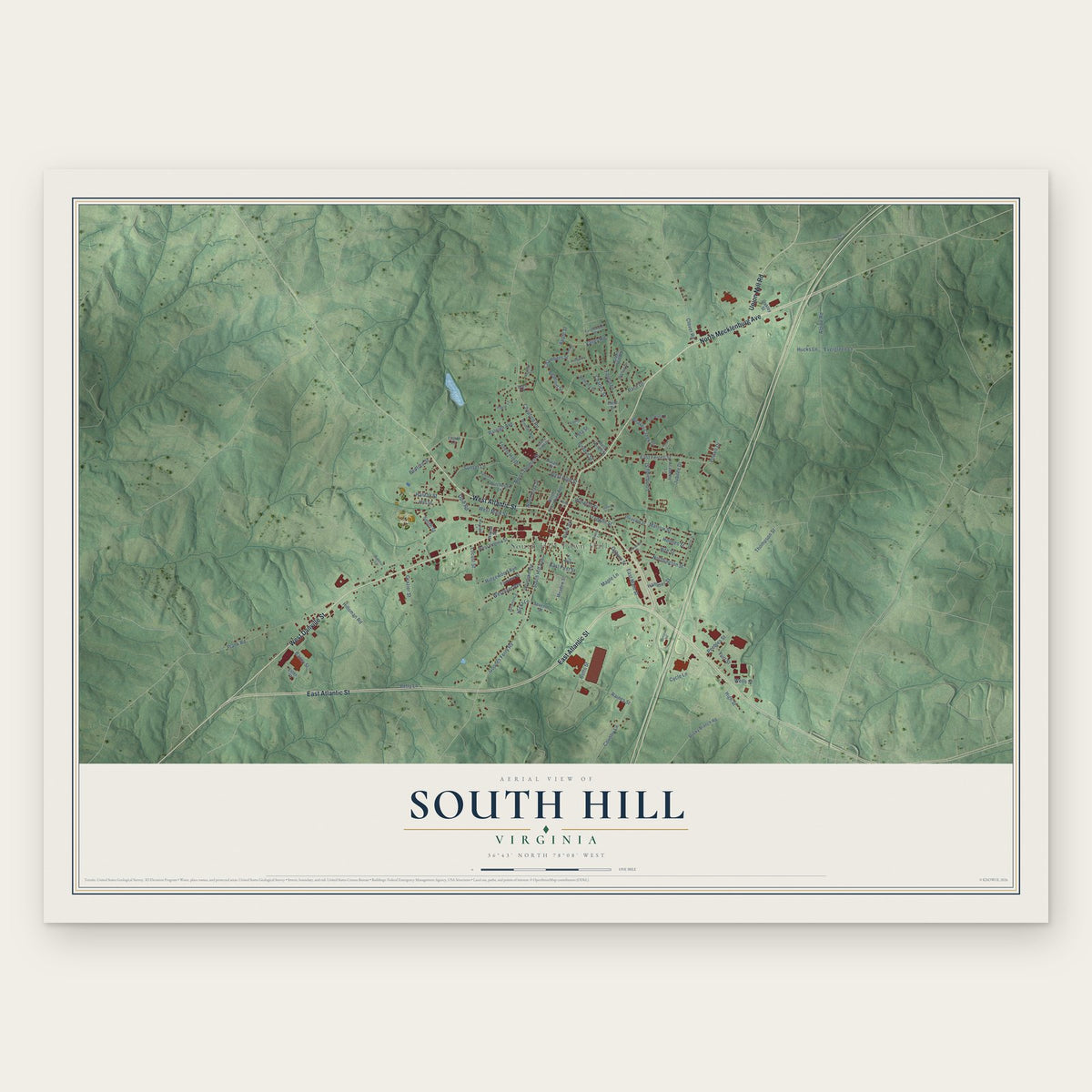 South Hill, Virginia map print, the full design