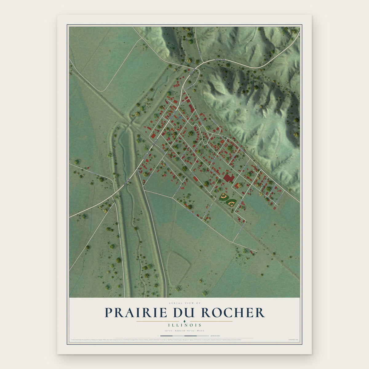 Prairie du Rocher, Illinois map print, the full design