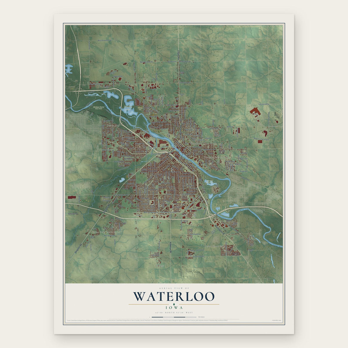 Waterloo, Iowa map print, the full design