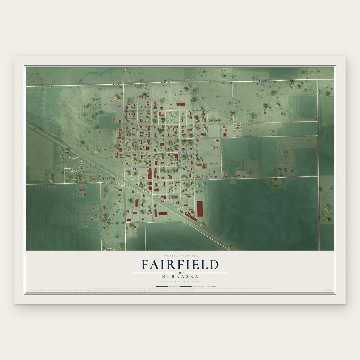 Fairfield, Nebraska map print, the full design