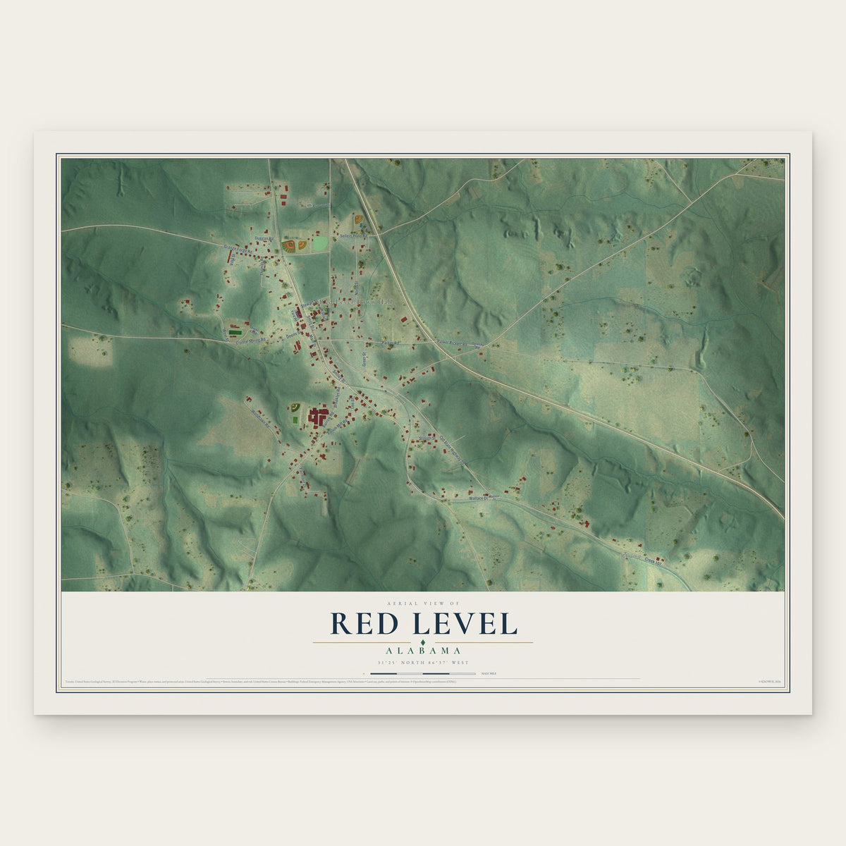 Red Level, Alabama map print, the full design