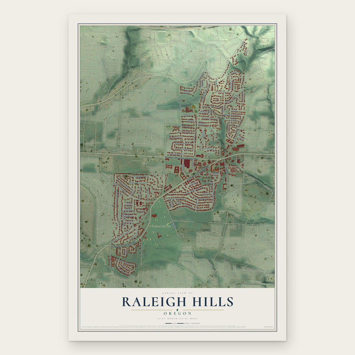 Raleigh Hills, Oregon map print, the full design