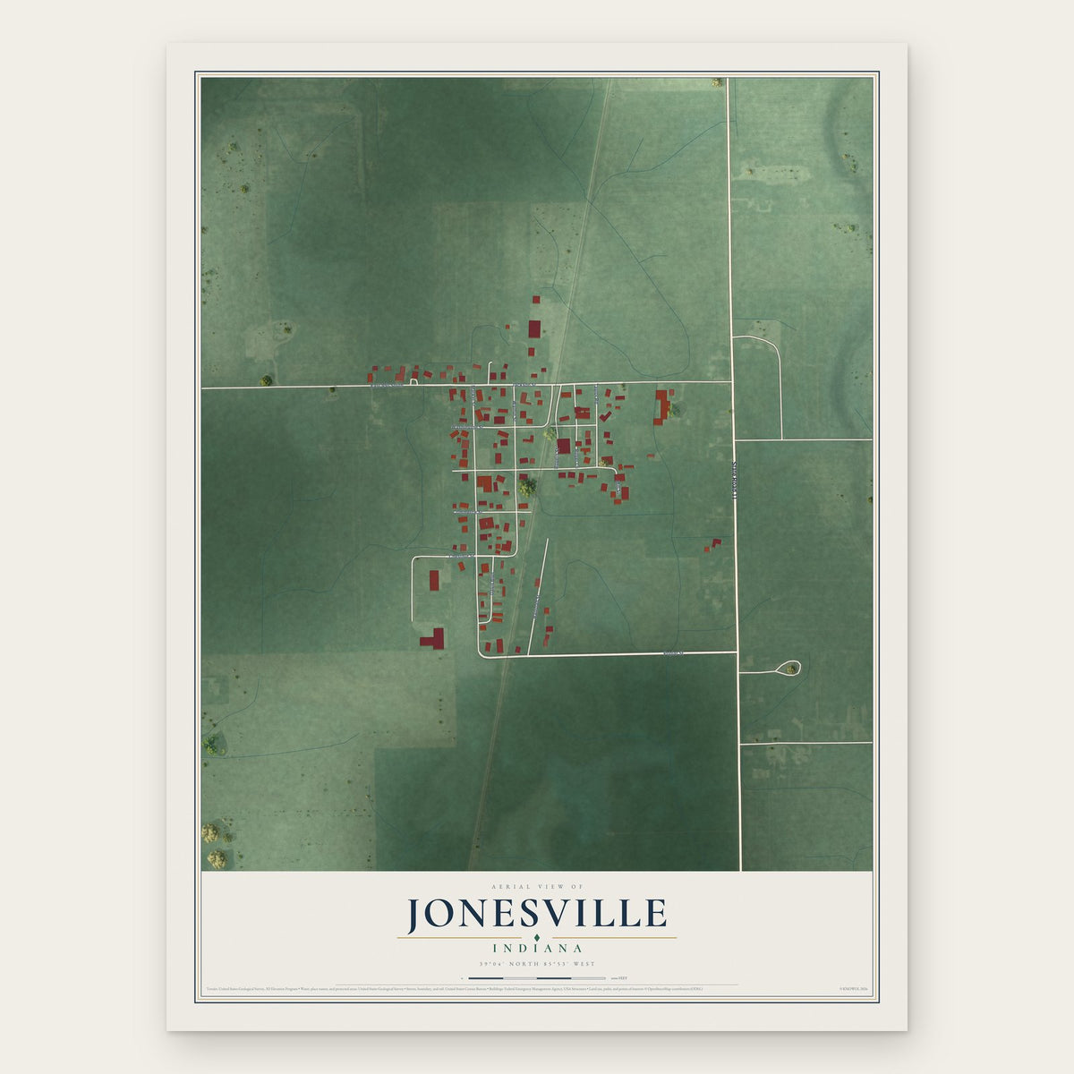 Jonesville, Indiana map print, the full design