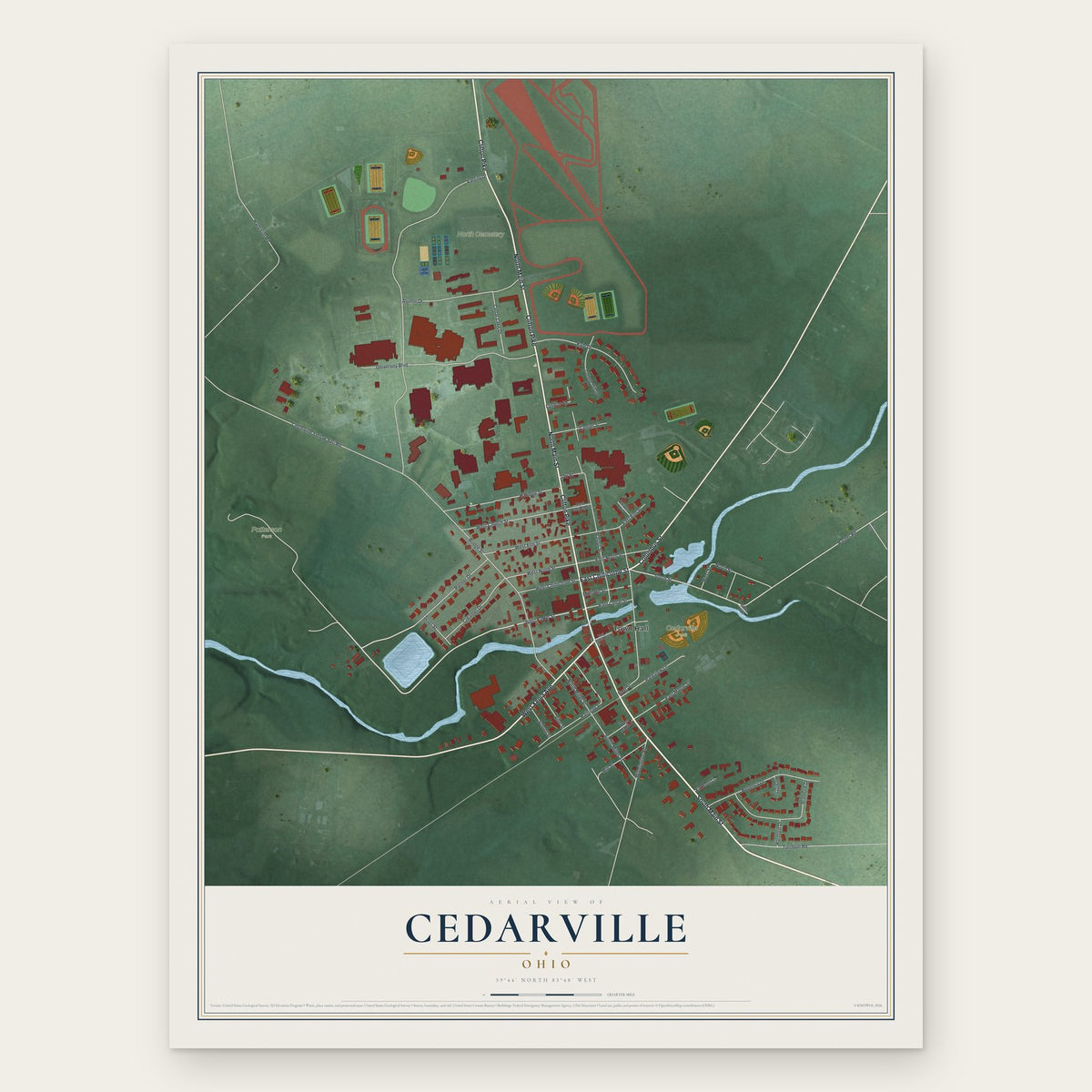 Cedarville, Ohio map print, the full design