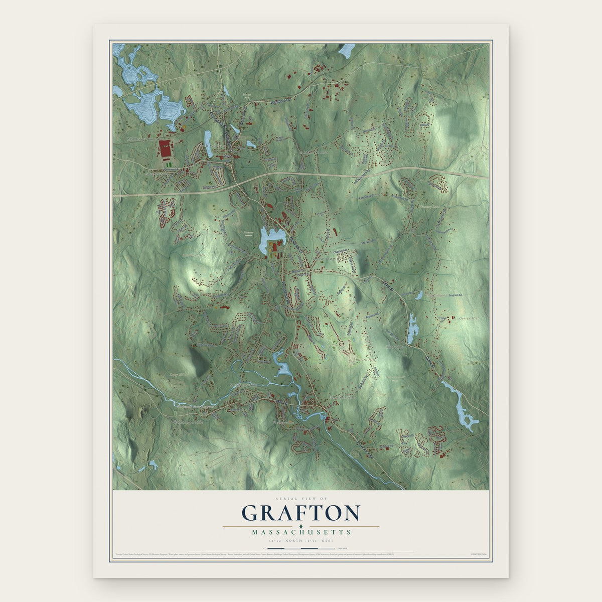 Grafton, Massachusetts map print, the full design