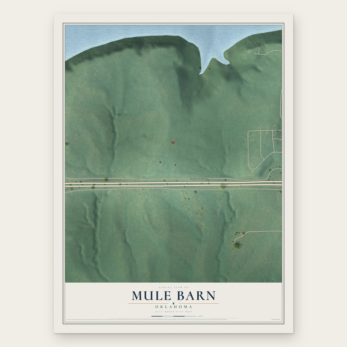 Mule Barn, Oklahoma map print, the full design