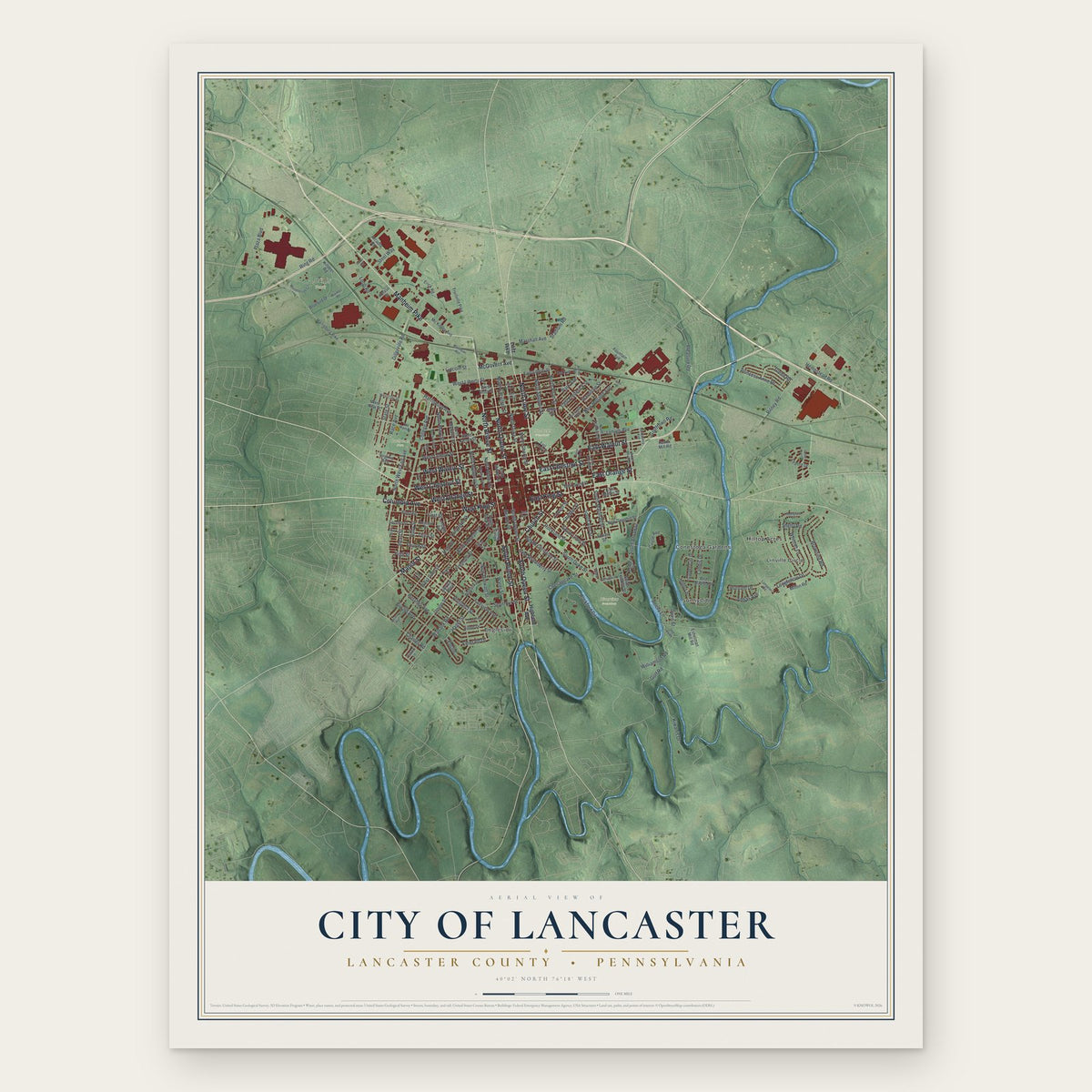 City of Lancaster, Lancaster County, Pennsylvania map print, the full design