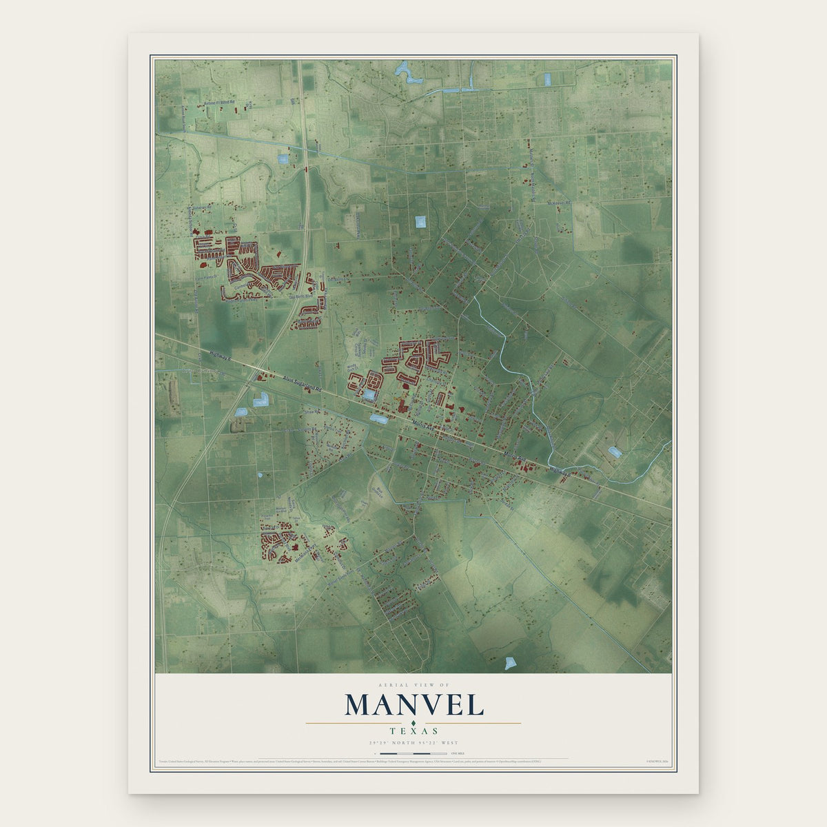 Manvel, Texas map print, the full design