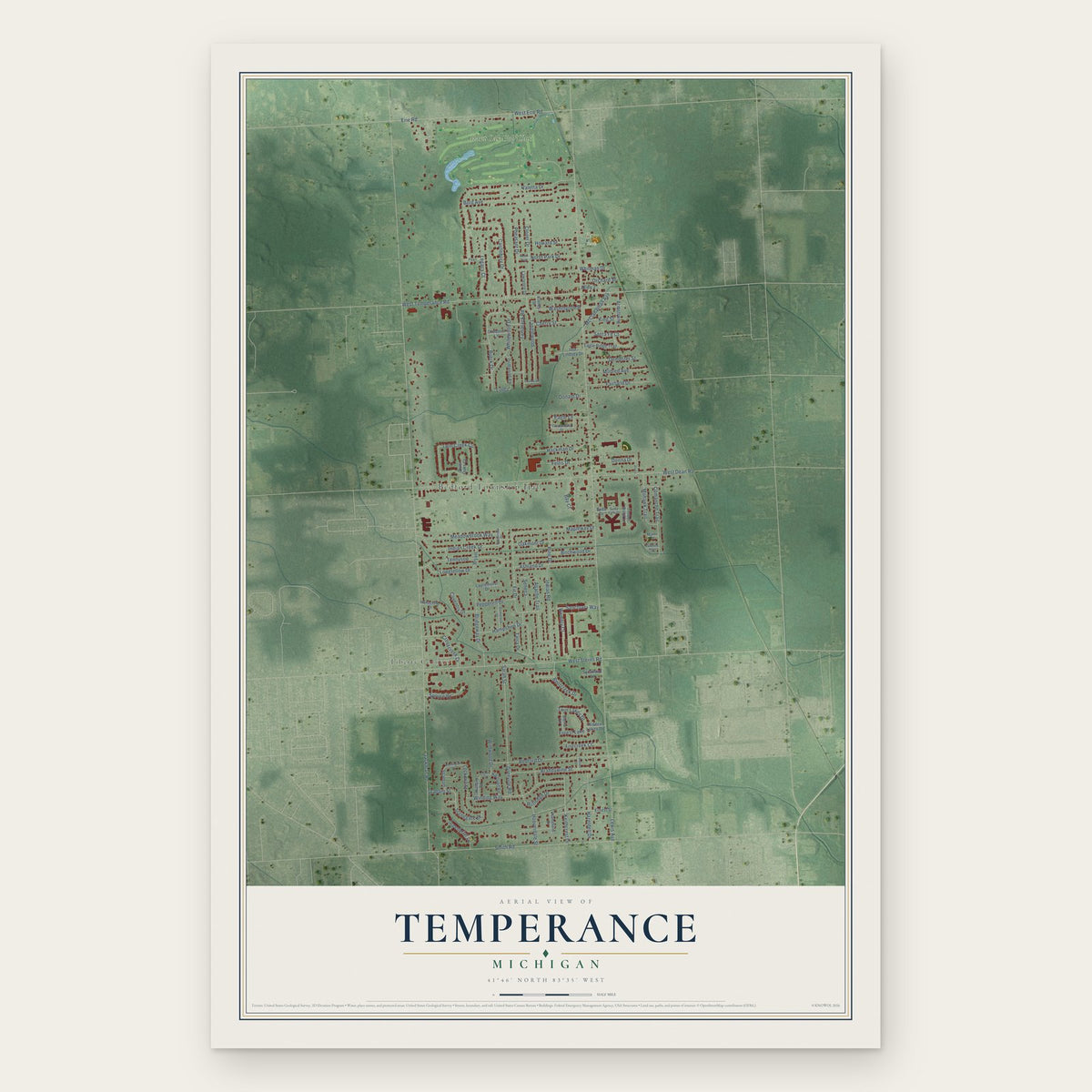 Temperance, Michigan map print, the full design