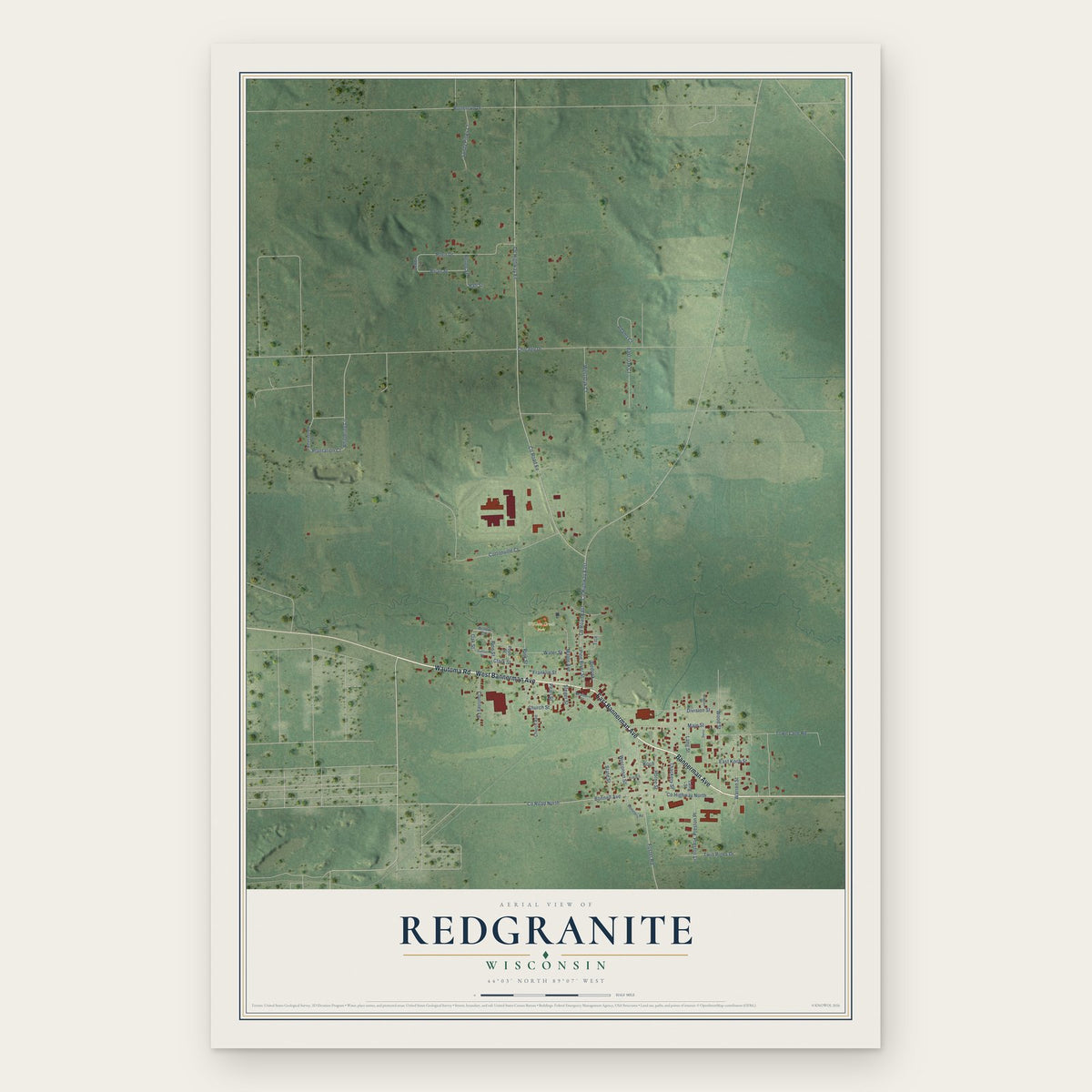 Redgranite, Wisconsin map print, the full design