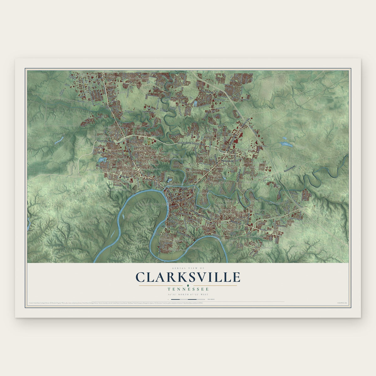 Clarksville, Tennessee map print, the full design