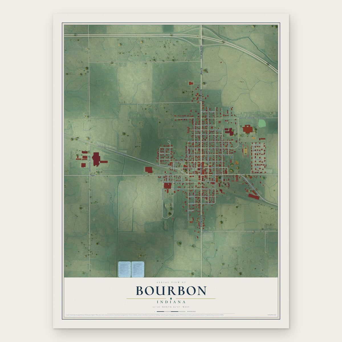 Bourbon, Indiana map print, the full design