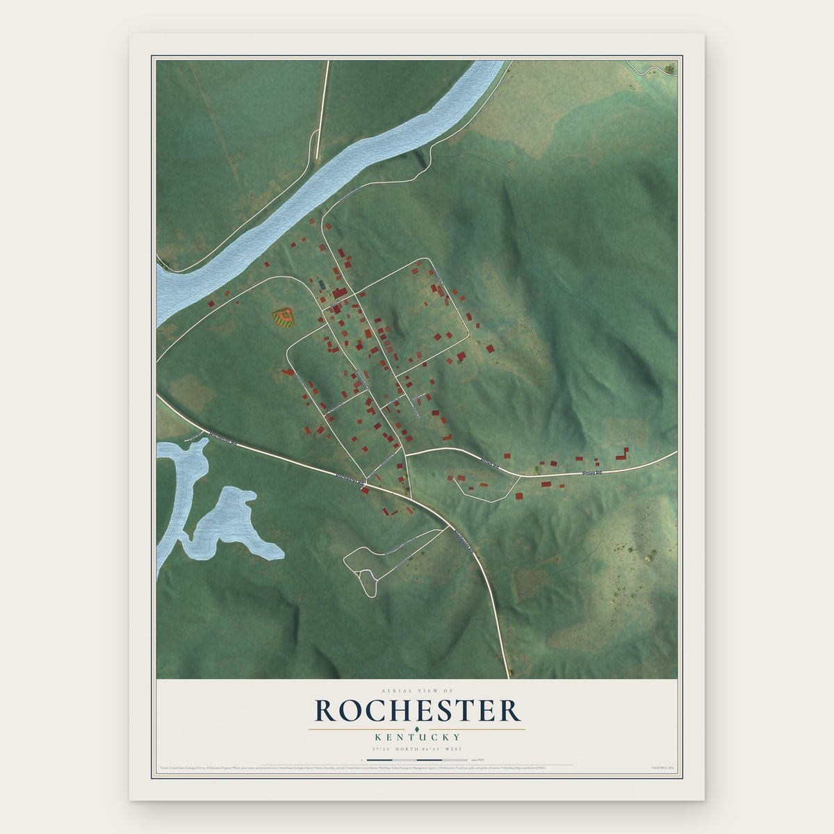 Rochester, Kentucky map print, the full design