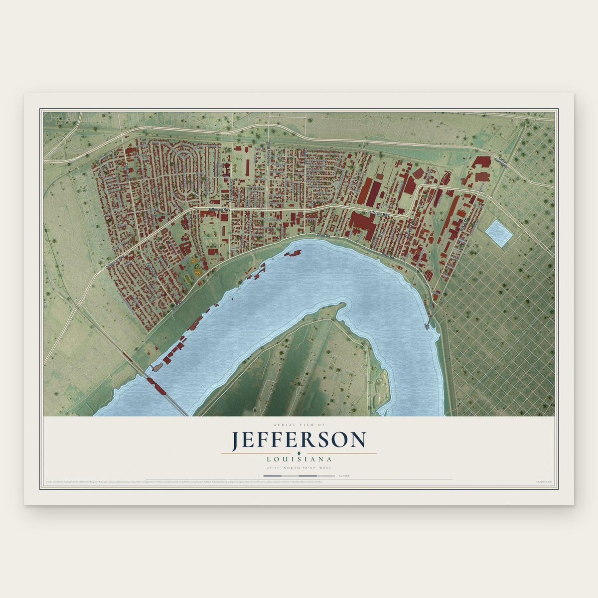 Jefferson, Louisiana map print, the full design