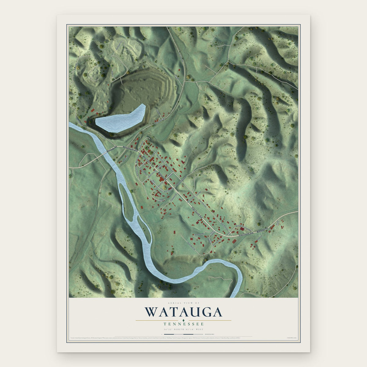 Watauga, Tennessee map print, the full design