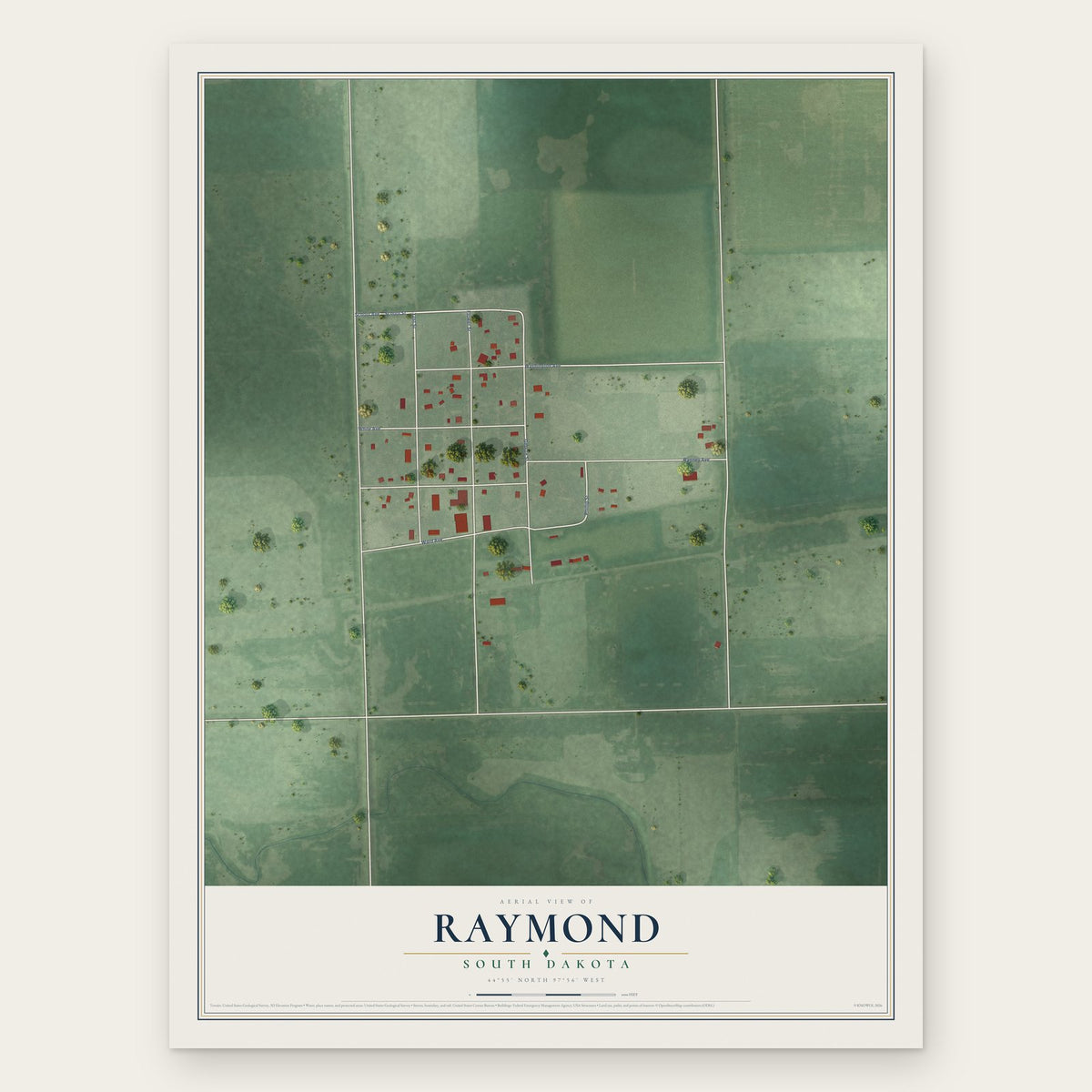 Raymond, South Dakota map print, the full design
