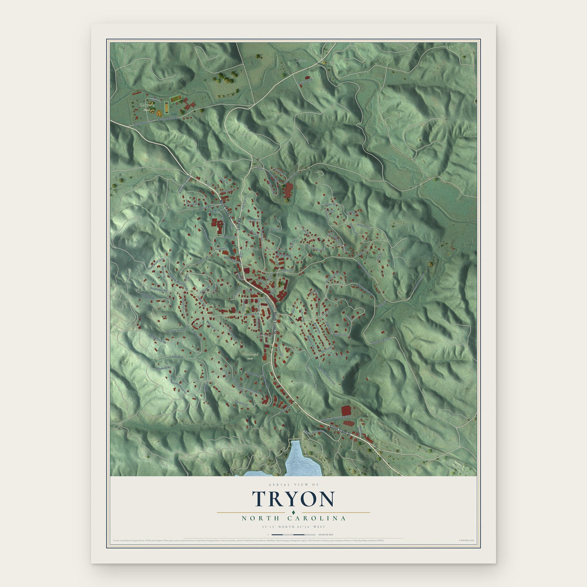 Tryon, North Carolina map print, the full design