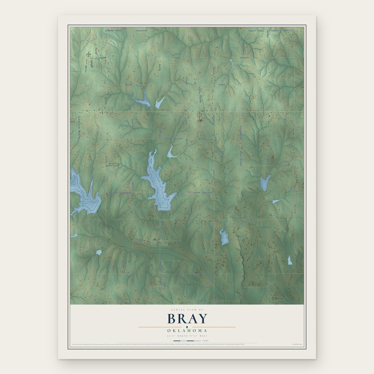 Bray, Oklahoma map print, the full design