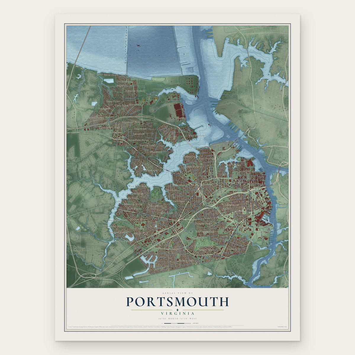 Portsmouth, Virginia map print, the full design
