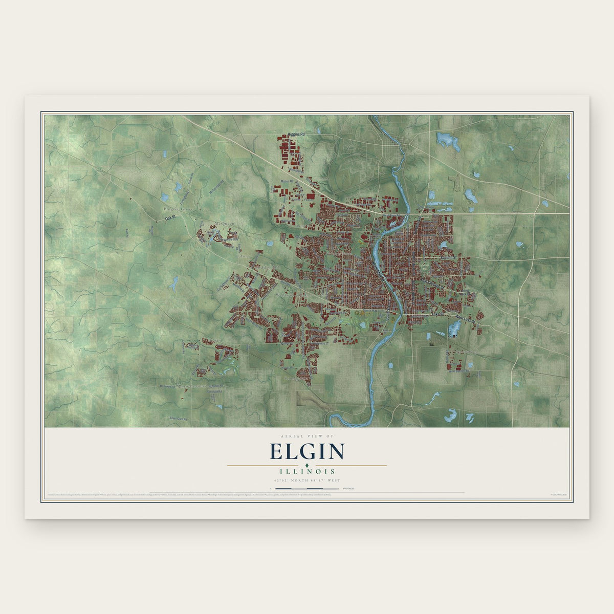 Elgin, Illinois map print, the full design