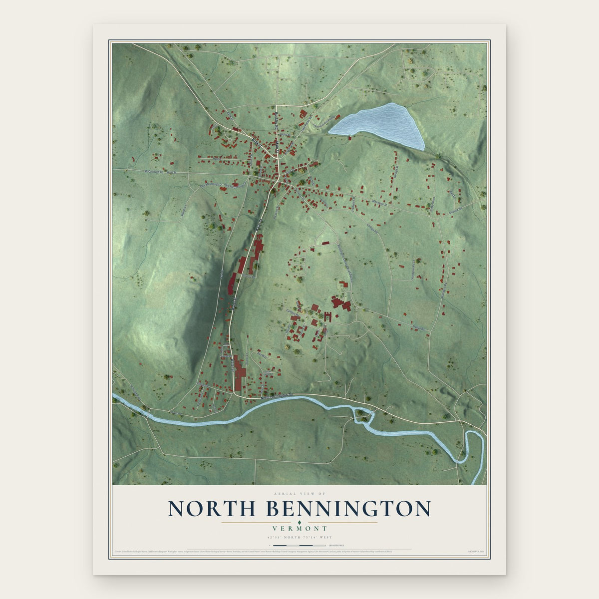 North Bennington, Vermont map print, the full design