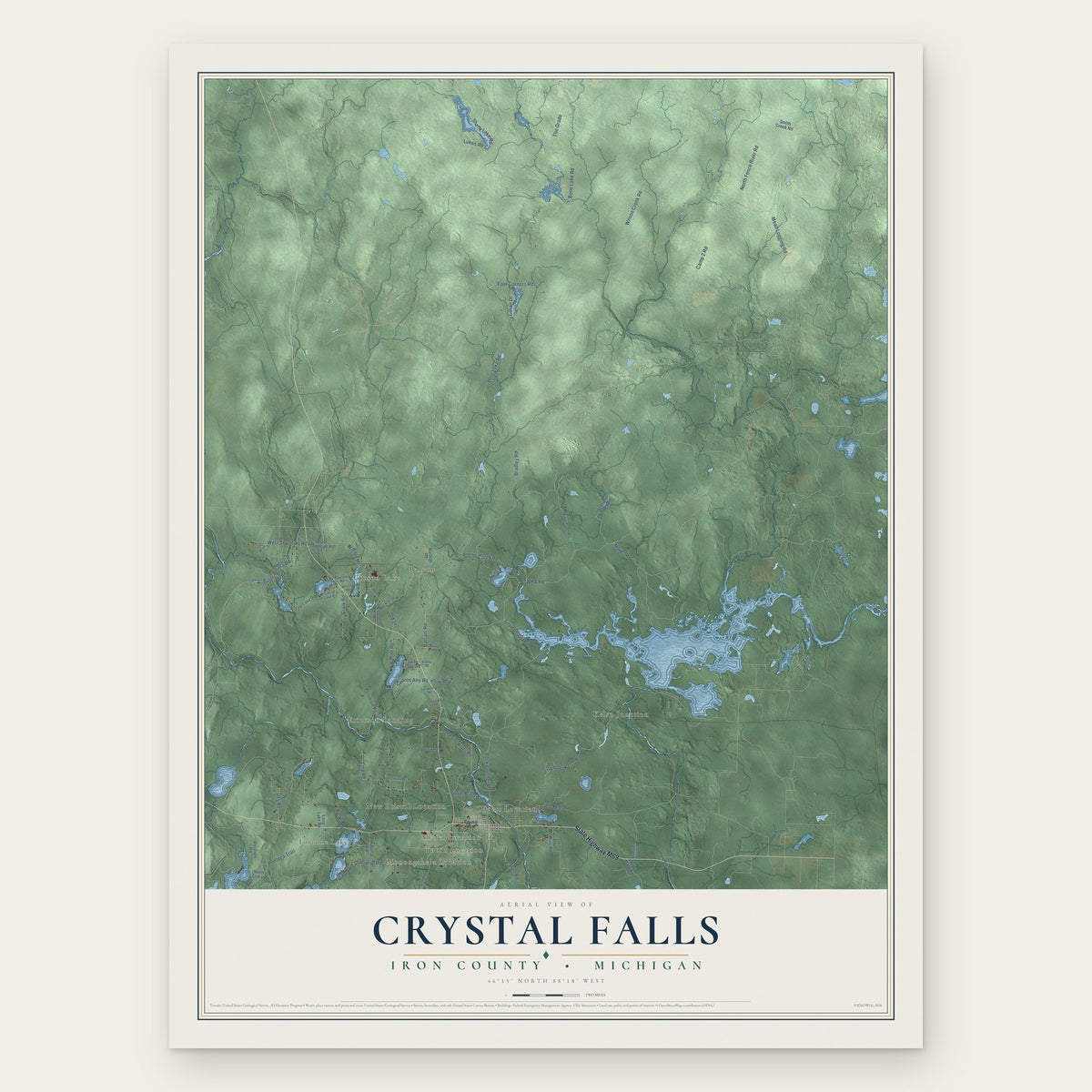 Crystal Falls, Iron County, Michigan map print, the full design