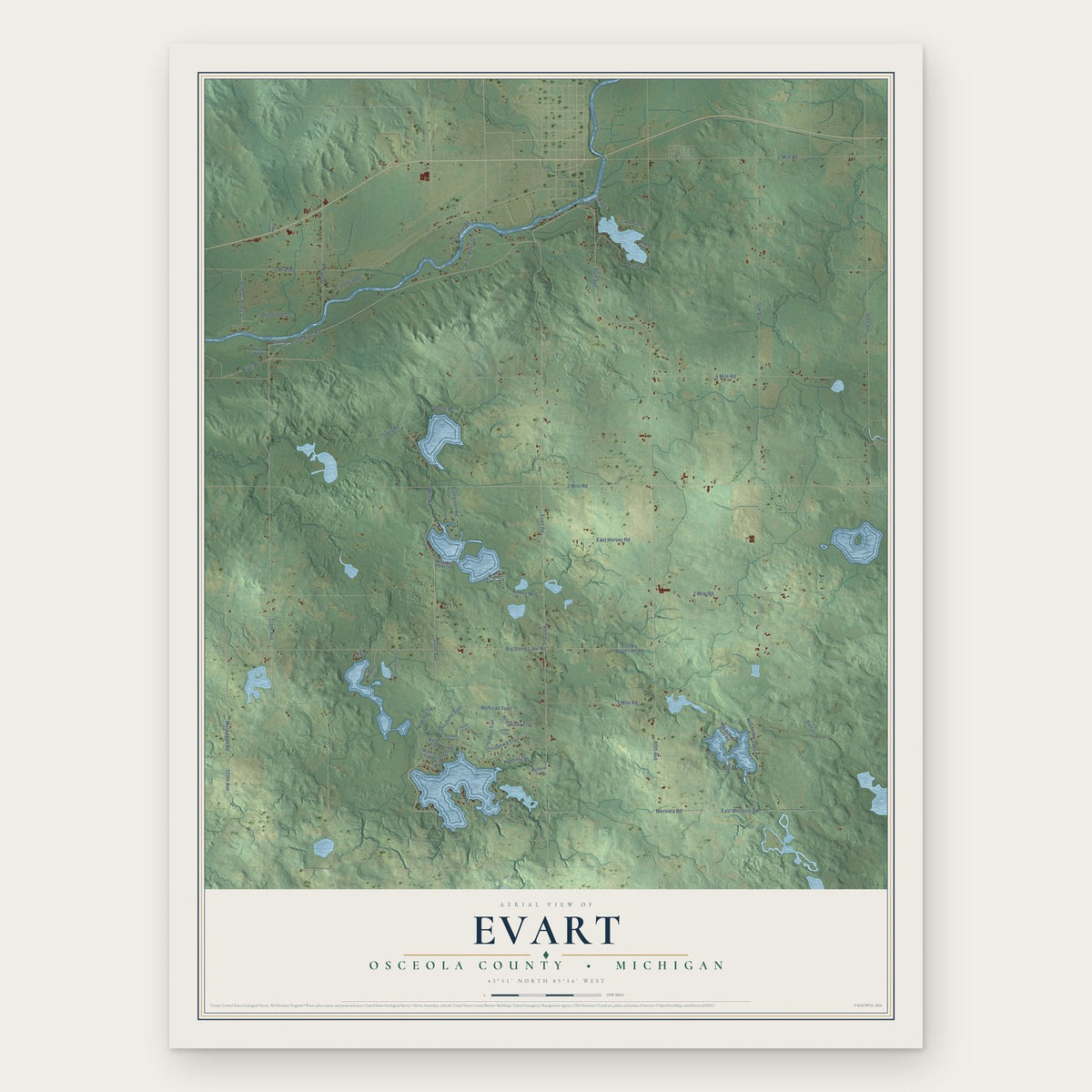 Evart, Osceola County, Michigan map print, the full design