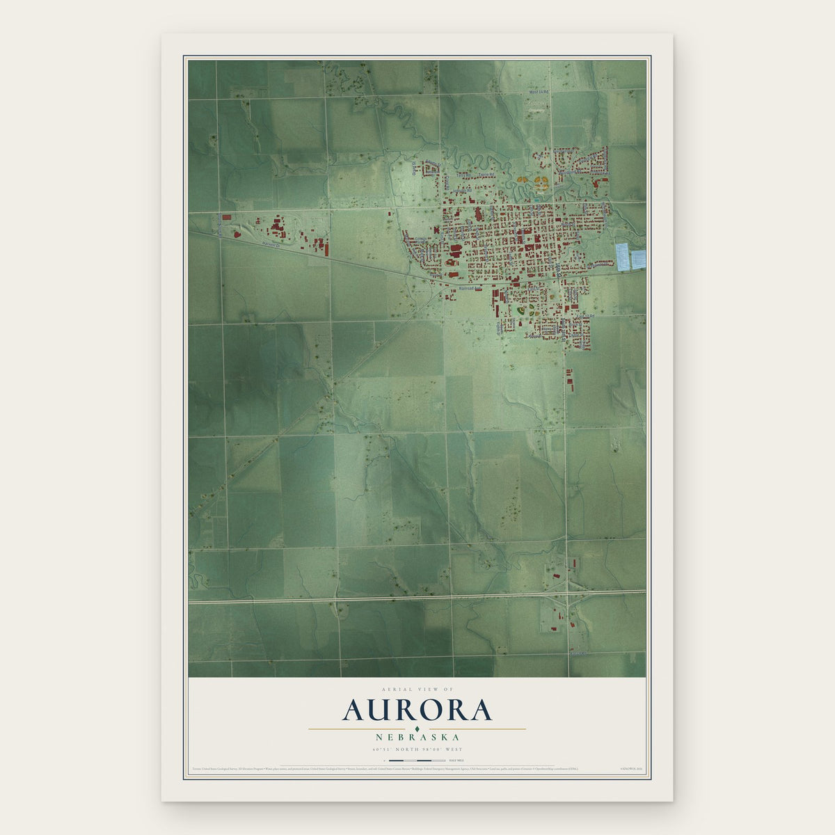Aurora, Nebraska map print, the full design
