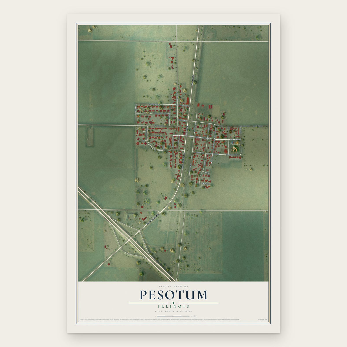 Pesotum, Illinois map print, the full design