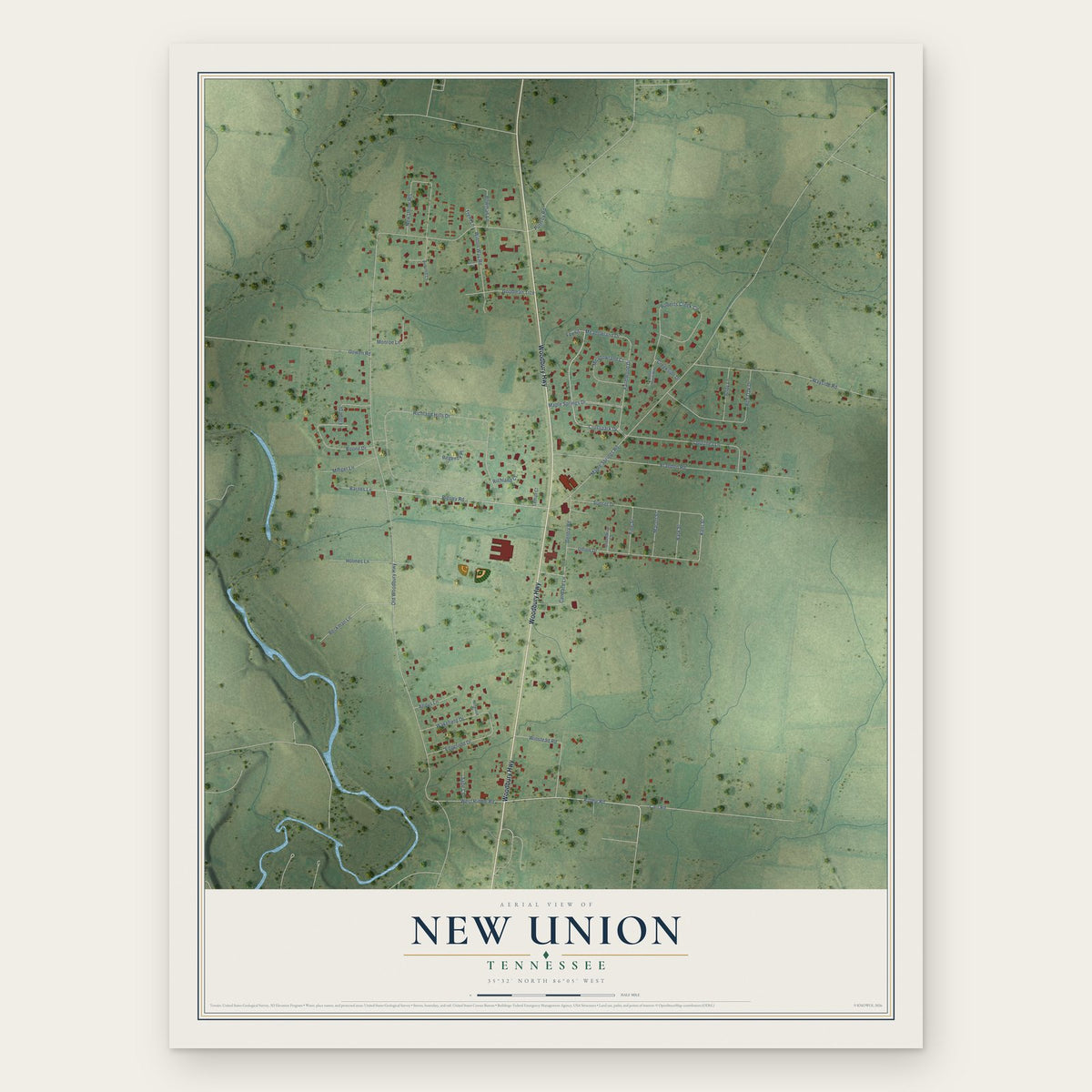 New Union, Tennessee map print, the full design
